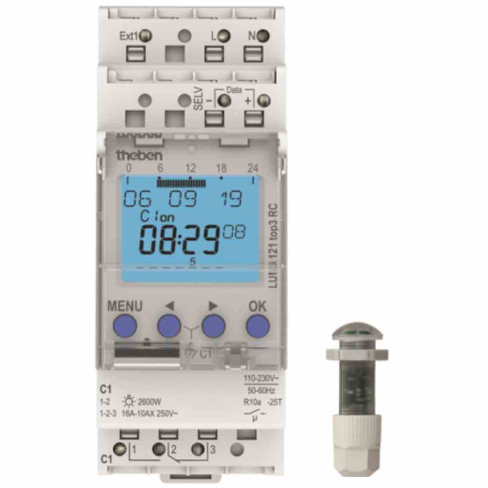 THEBEN Dämmerungsschalter REG, 230V, 2600W/AGL, 2300VA/LL, 800W/LLparr, 1-99000lx, Einbau, 2TE, IP20, Fühler: IP66 – LUNA 121 top3 RC EL