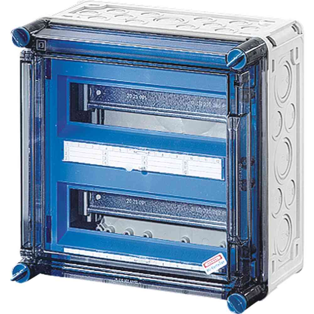 HENSEL Mi 1220 Automatengehäuse mit PE- und N-Klemmen, IP65, grau, 2-reihig, mit Scharnierdeckel, 300x300x182mm, 24 Teilungseinheiten: 2 x 12 x 18 mm, je PE/N 3 x 25 mm², 12 x 4 mm², Cu – Mi 1220
