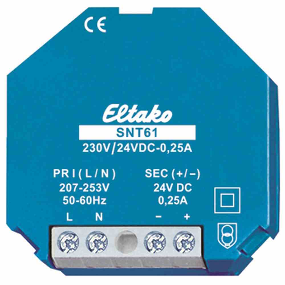 ELTAKO Gleichstromversorgung, 24V, 6W, 230VAC, 0,25A, Kurzschlussfest, IP20 – SNT61-230V/24VDC-0,25A