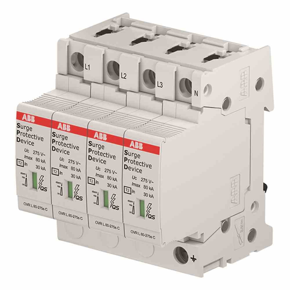 ABB Blitzstromableiter, TN-S+TT, 3+N/PE, 230VAC, 230VDC, 1,3kV, 4TE, Hutschiene 35mm, ohne – OVR T1-T2 3N 12.5-