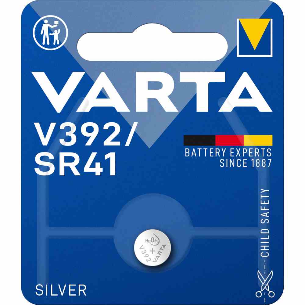 VARTA V392 Knopfzelle, 1,55V, SR41, Silberoxid, 38mAh, Ø7,9x3,6mm, RW47/SR41W, ELECTRONICS, VE = 1er Blister – V392