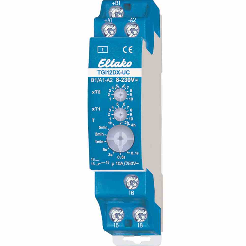 ELTAKO Zeitrelais REG, 8-230V, AC/DC, analog mit Einzelfunktion, Taktgeber mit Impuls beginnend, 0,1-40Minuten/Stunden, 1TE, 1W, 8-230V/AC/DC – TGI12DX-UC