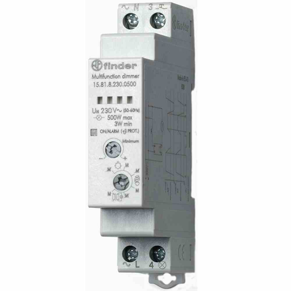FINDER REG Dimmer, elektronisch, 300-500 W, 2 Funktionsweisen für 3 Lampenarten inklusive LED, Memoryfunktion, für 230 V AC – 158182300500