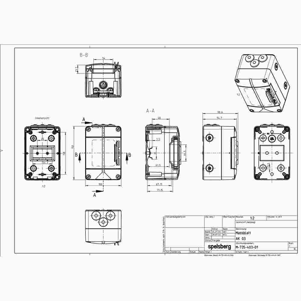 SPELSBERG AK 03 Kleinverteiler IP65, 1-reihig, 3TE, 100 x 150 x 96 mm, PEN-Klemme, 1 x Klemmstelle 16 mm², 3 x Klemmstellen 6 mm²