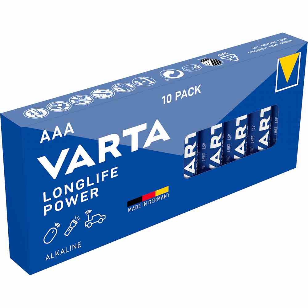 VARTA Micro Batterie (AAA/AM4), 1,5V, LR03, Alkali-Mangan, 1260mAh, Ø10,5x44,5mm, LONGLIFE POWER, VE = 10 Stück – 4903 (10 C62) VARTA Micro Batterie (AAA/AM4), 1,5V, LR03, Alkali-Mangan, 1260mAh, Ø10,5x44,5mm, LONGLIFE POWER, VE = 10 Stück – 4903 (10 C62)