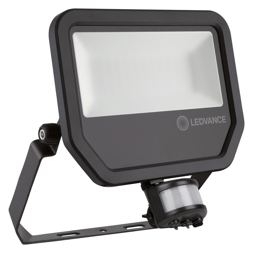 LEDVANCE Floodlight LED-Anbaustrahler, 50W, Konverter, 1LED, 3000K, weiß, 5500lm, Aluminium, IP65, schwarz, mit Bewegungsmelder –