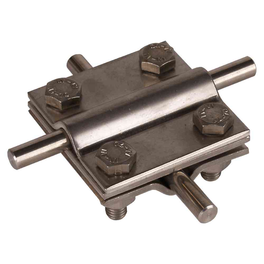 DEHN Kreuzstück rostfreier Stahl f. Rd 8-10/8-10mm - Rd 8-10/Fl 30mm-Fl 30/30mm m. Zwischenpl rostfreier Stahl (V4A) – KS 8.10 8.10 FL30 ZP V4A