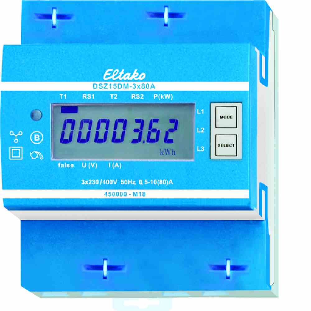 ELTAKO Drehstromzähler, B, 3x80A, elektronisch, digital, geeicht, 10A, 230V/N-L, 400V/L-L, Zweitarif, 50Hz – DSZ15DM-3x80A MID