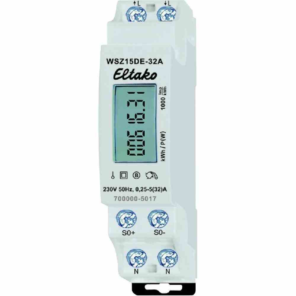 ELTAKO Wechselstromzähler, B, 32A, elektronisch, digital, 5A, 230V/N-L, 230V/L-L, Eintarif, 50Hz, S0, 2000kvarh