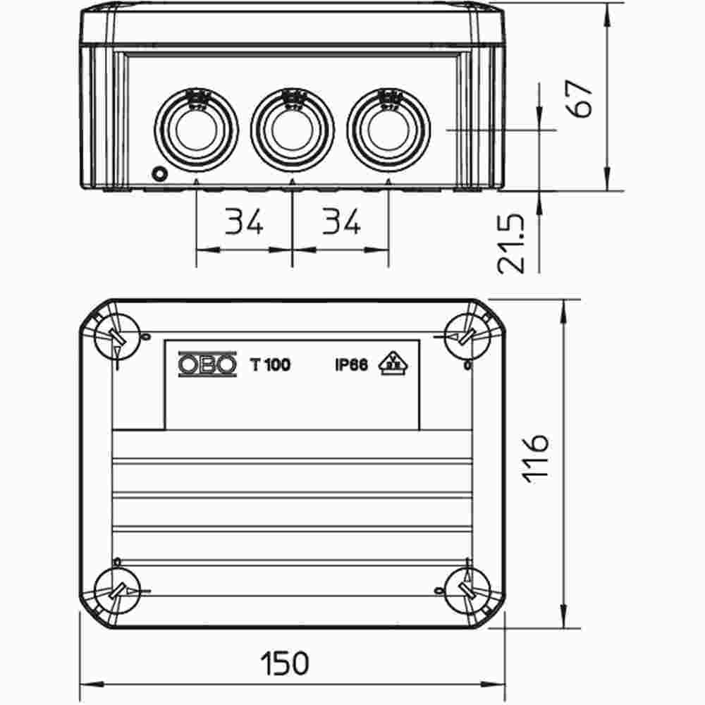 OBO BETTERMANN Abzweigkasten, IP66, 10mm², 151x117x67mm, lichtgrau, ohne Bestückung, Kunststoff, Wand-/Deckenmontage, halogenfrei – T 100