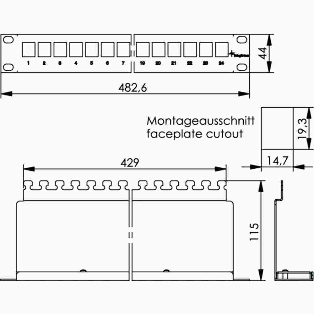 TELEGÄRTNER 48,3cm (19")Modultr. 1HE unbest. für 24Module, schwarz – H02025A0220