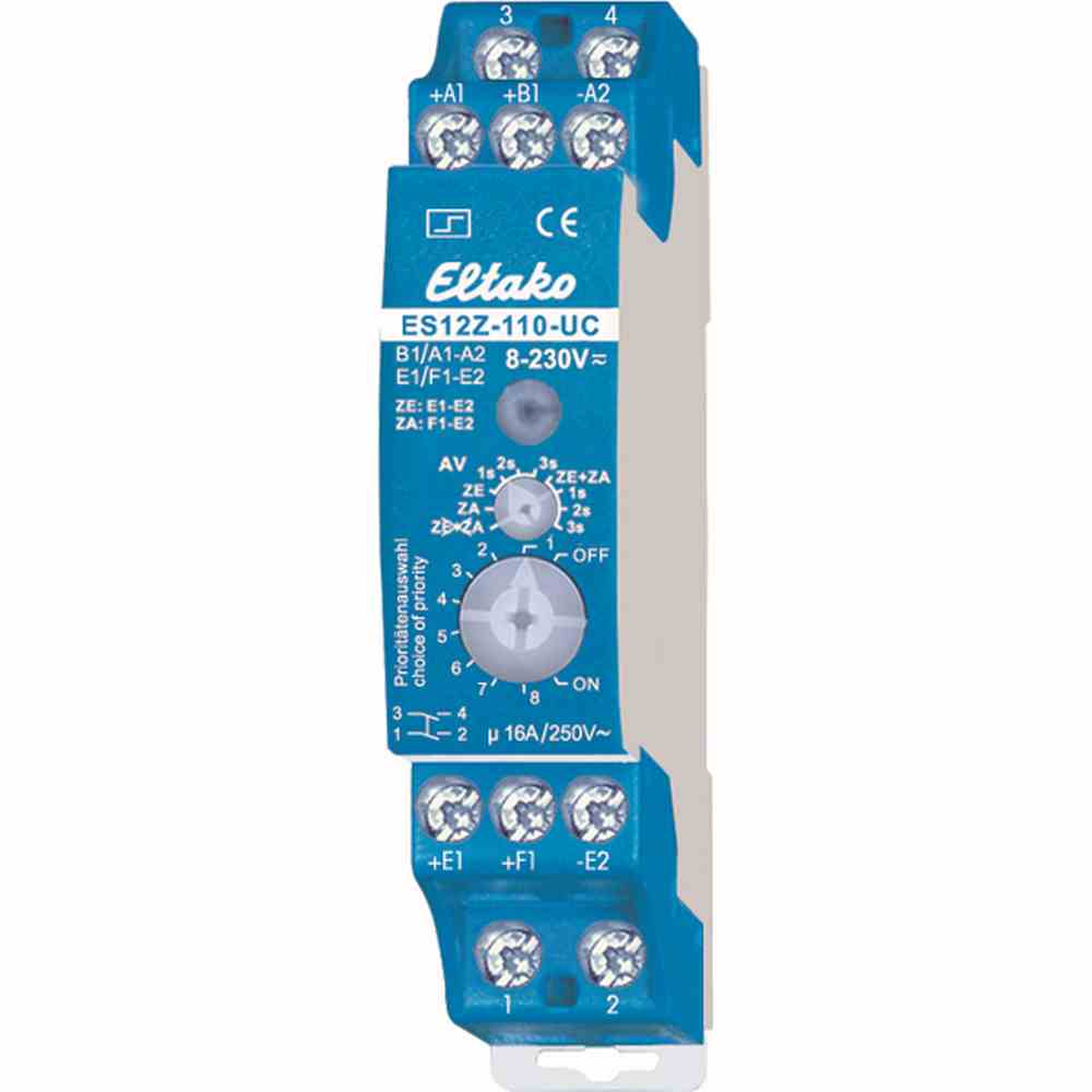 ELTAKO Stromstoßschalter, 8-230VAC/DC, 1S, 1Ö, 1TE, 16A, 250V, DIN-Schiene, T58mm, elektronisch für Zentralsteuerung – ES12Z-110-UC