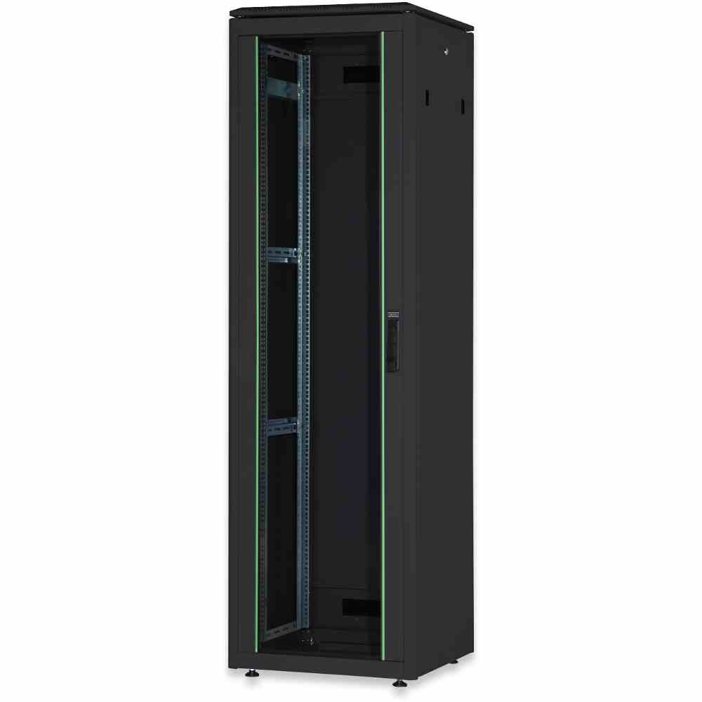 DIGITUS Netzwerkschrank, Stahl, 22HE, B600xH1164xT600mm, IP20, vorne und hinten, mit rückseitiger Tür, pulverbeschichtet, mit Festrahmen, RAL9005 – DN-19 22U-6/6-B-1