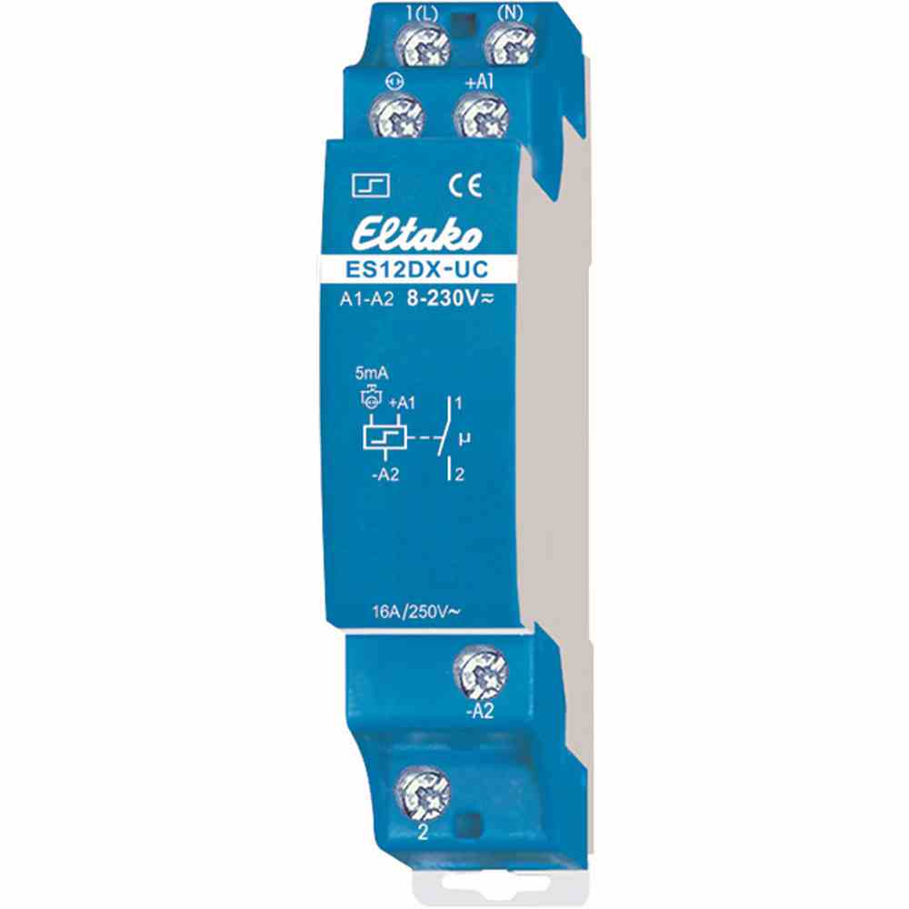 ELTAKO Stromstoßschalter, 8-230VAC/DC, 1S, 1TE, 16A, 250V, DIN-Schiene, T58mm, elektronisch Schalter