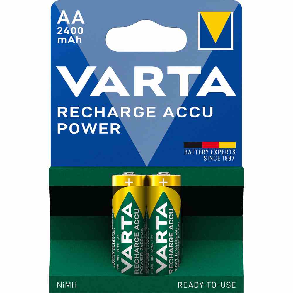 VARTA Ni-MH Accu 2 x Mignon 2,4Ah, 1,2V, POWER ACCU, (HR6), 2 Stück auf Blister – 56756