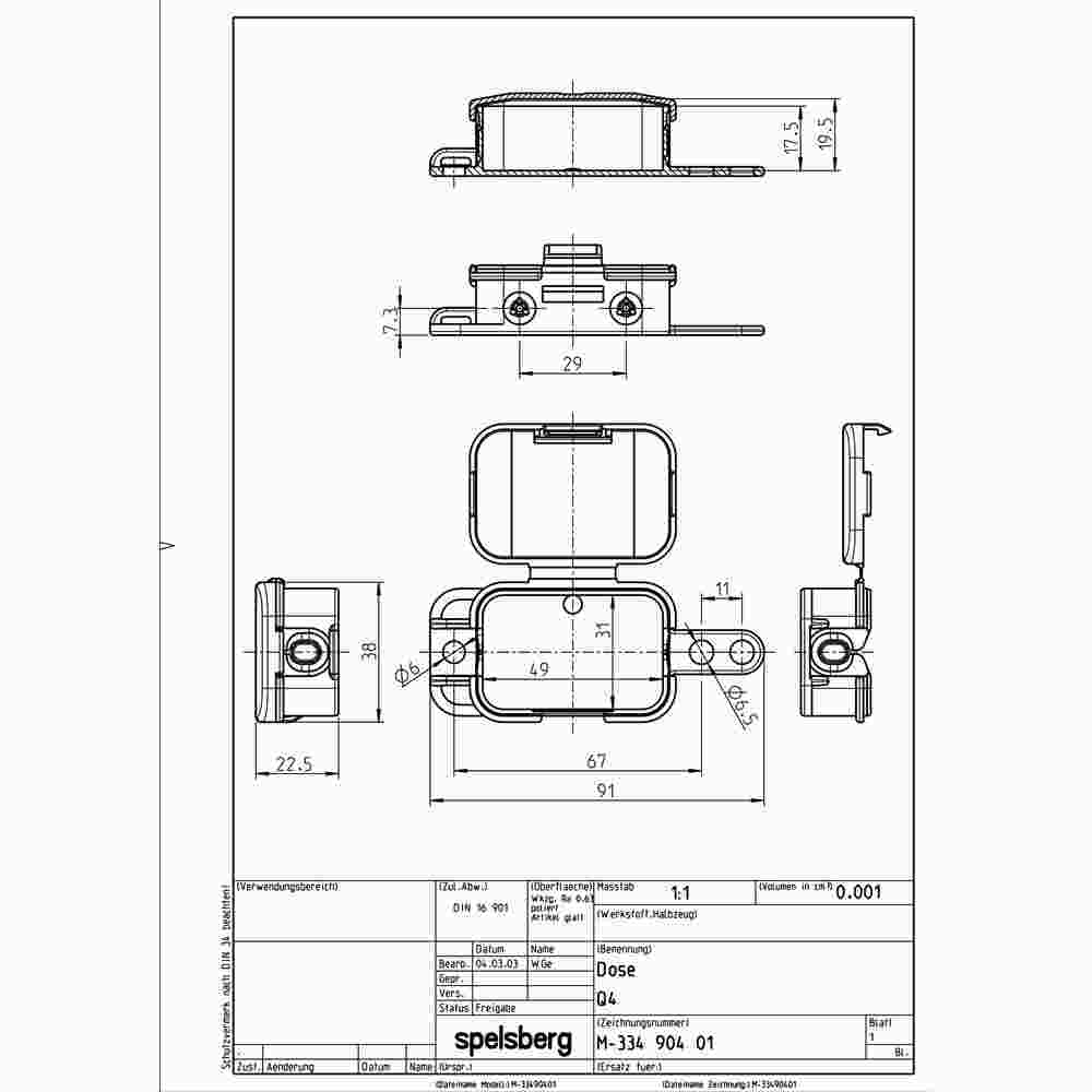 SPELSBERG Q 4-L Abzweigkasten, IP20, 2,5mm², 40x56x23mm, grau, ohne Bestückung, Kunststoff, Wand-/Deckenmontage, Halogenfrei