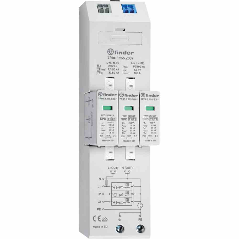 FINDER Kombiableiter Typ 1+2 für dreiphasige TN-S und TT Netze mit Spannungsabgriff für 40 mm Sammelschiene – 7P048255Z007