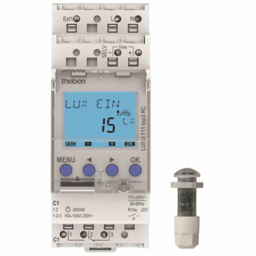 THEBEN Dämmerungsschalter REG, 230V, 2600W/AGL, 2300VA/LL, 800W/LLparr, 1-99000lx, Einbau, 2TE, IP20, Fühler: IP66 – LUNA 111 top3 EL