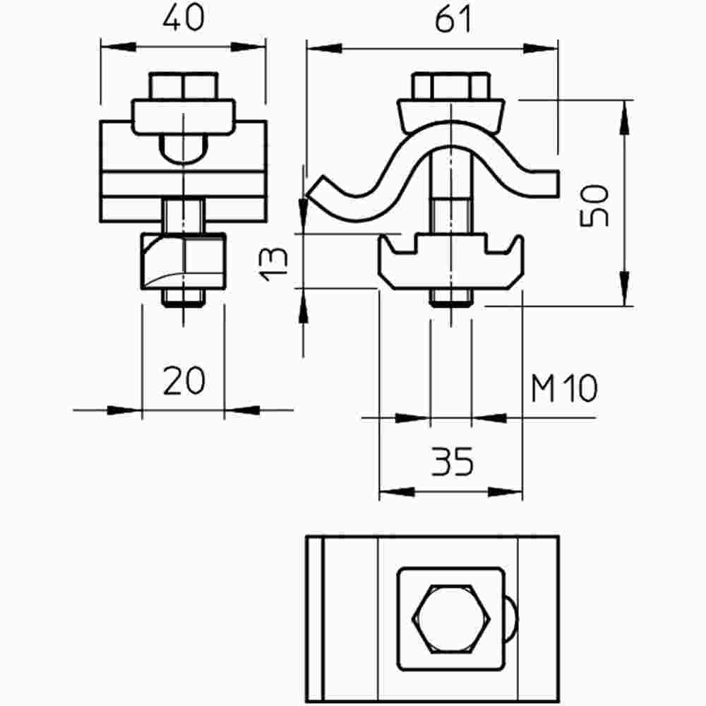 OBO BETTERMANN Spannklaue leicht mit Gleitmutter M10x50, St, FT 25mm, St, tfverzinkt /VE2 – TKH-L-25 FT