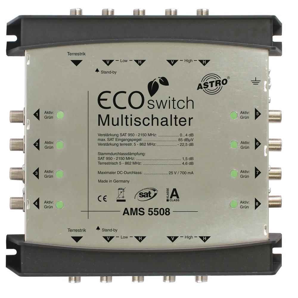 ASTRO AMS 5508 ECOswitch Kaskadierbarer Multischalter für das AMS 5er Ecoswitch-System, 5 Eingänge für eine Satellitenposition plus Terrestrik, 8 Teilnehmerausgänge – AMS 5508 Ecoswitch