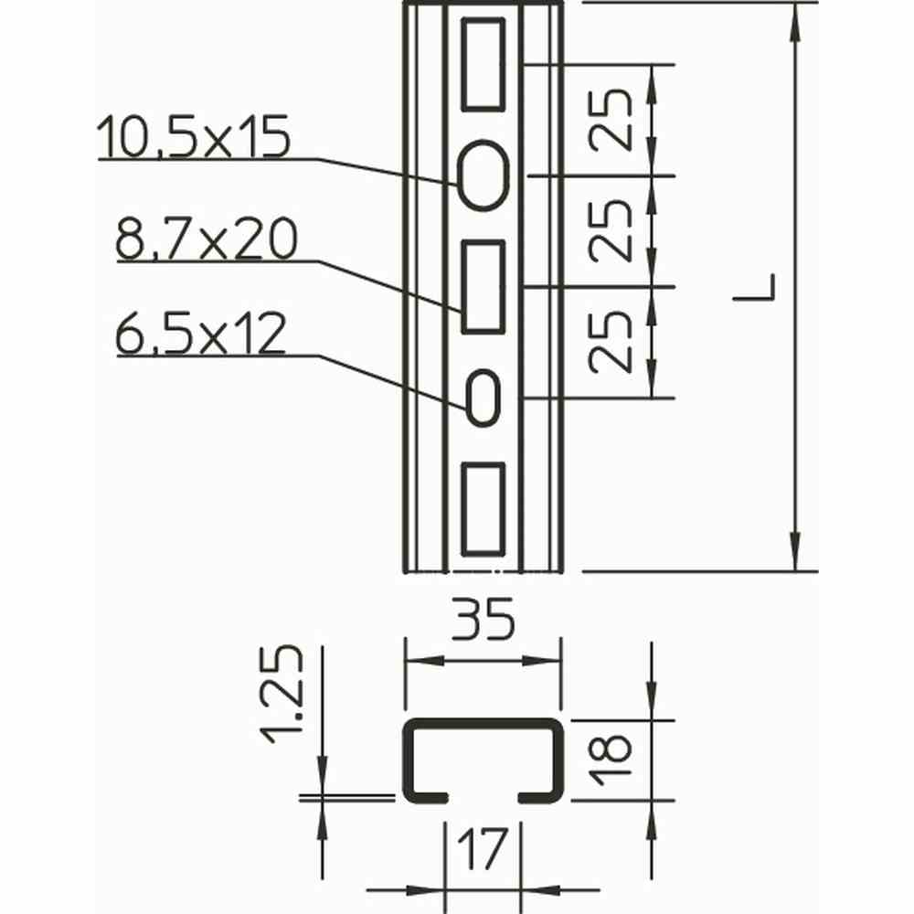 OBO BETTERMANN Profilschiene gelocht, Schlitzweite 17mm 400x35x18, St, FS 400mm, verzinkt – CML3518P0400FS
