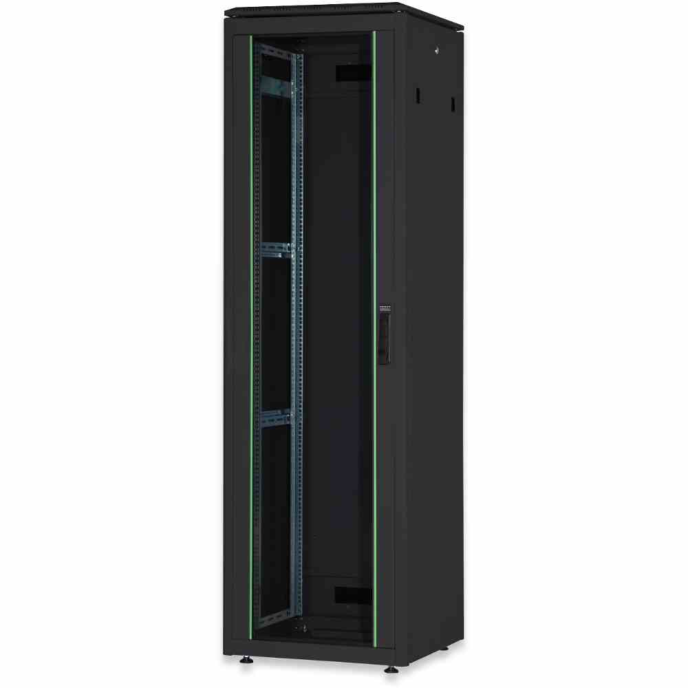 DIGITUS Netzwerkschrank, Stahl, 26HE, B600xH1342xT800mm, IP20, vorne und hinten, mit rückseitiger Tür, pulverbeschichtet, mit Festrahmen, RAL9005 – DN-19 26U-6/8-B-1