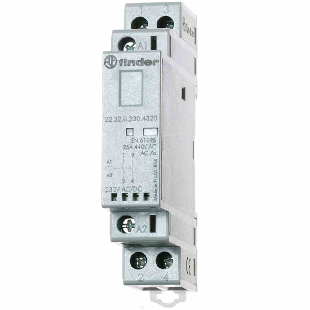 FINDER Installationsschütz, 25A, 230V/AC/DC, 250-440V/AC, 2Ö, 2000W/AGL, 800VA/LL, 1TE – 223202304420