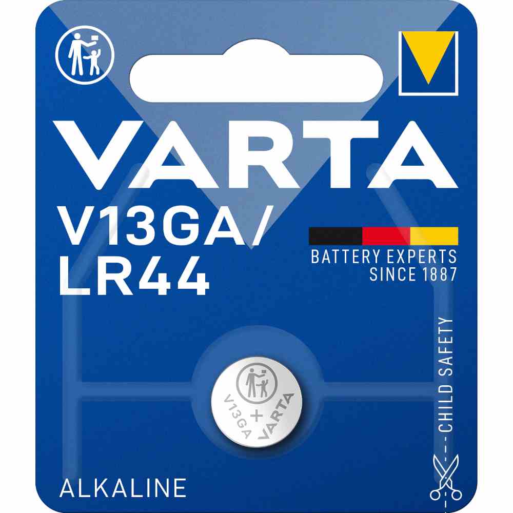 VARTA V13GA Knopfzelle, 1,5V, LR44, Alkali-Mangan, 125mAh, Ø11,6x5,4mm, ELECTRONICS, VE = 1er Blister