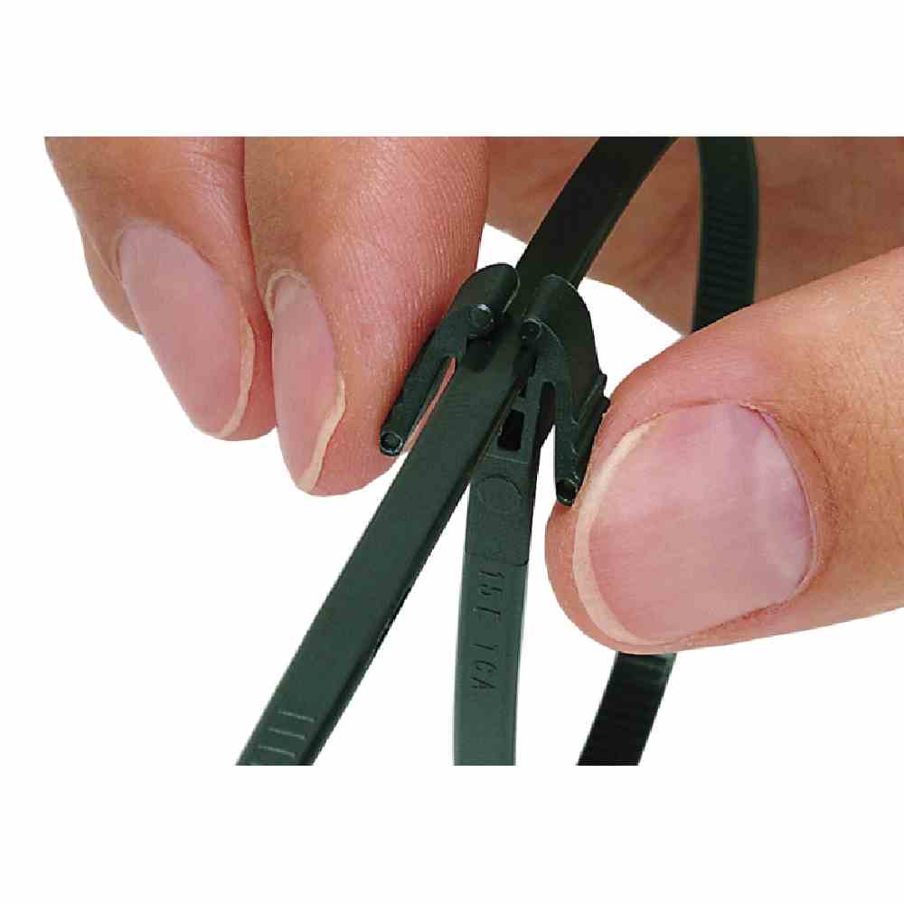 HELLERMANN TYTON Kabelbinder, L305mm, schwarz, 4,7x1,4mm, Kunststoff, -40-85°C, Kunststoffzunge/-nase, Lösbarer Verschluss, ohne Befestigung – REZ300 PA66 BK 100 (100 C62)