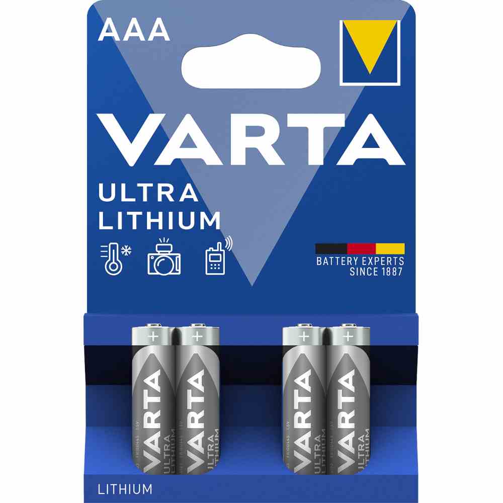 VARTA Micro Batterie (AAA/AM4), 1,5V, 1050mAh, Ø 10,5x44,5mm, ULTRA LITHIUM, VE = 4er Blister – 6103 VARTA Micro Batterie (AAA/AM4), 1,5V, 1050mAh, Ø 10,5x44,5mm, ULTRA LITHIUM, VE = 4er Blister – 6103