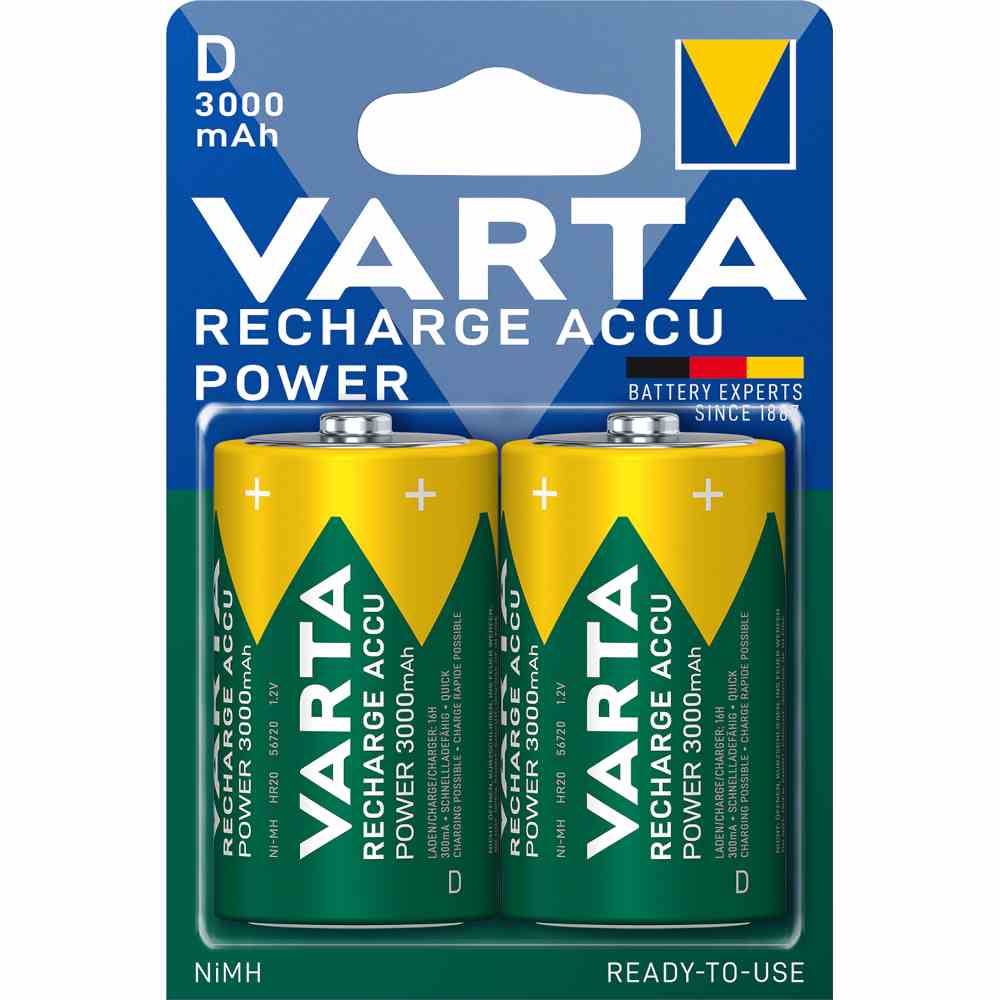 VARTA Ni-MH Accu 2 x Mono 3,0Ah, 1,2V, POWER ACCU, (HR20), 2 Stück auf Blister