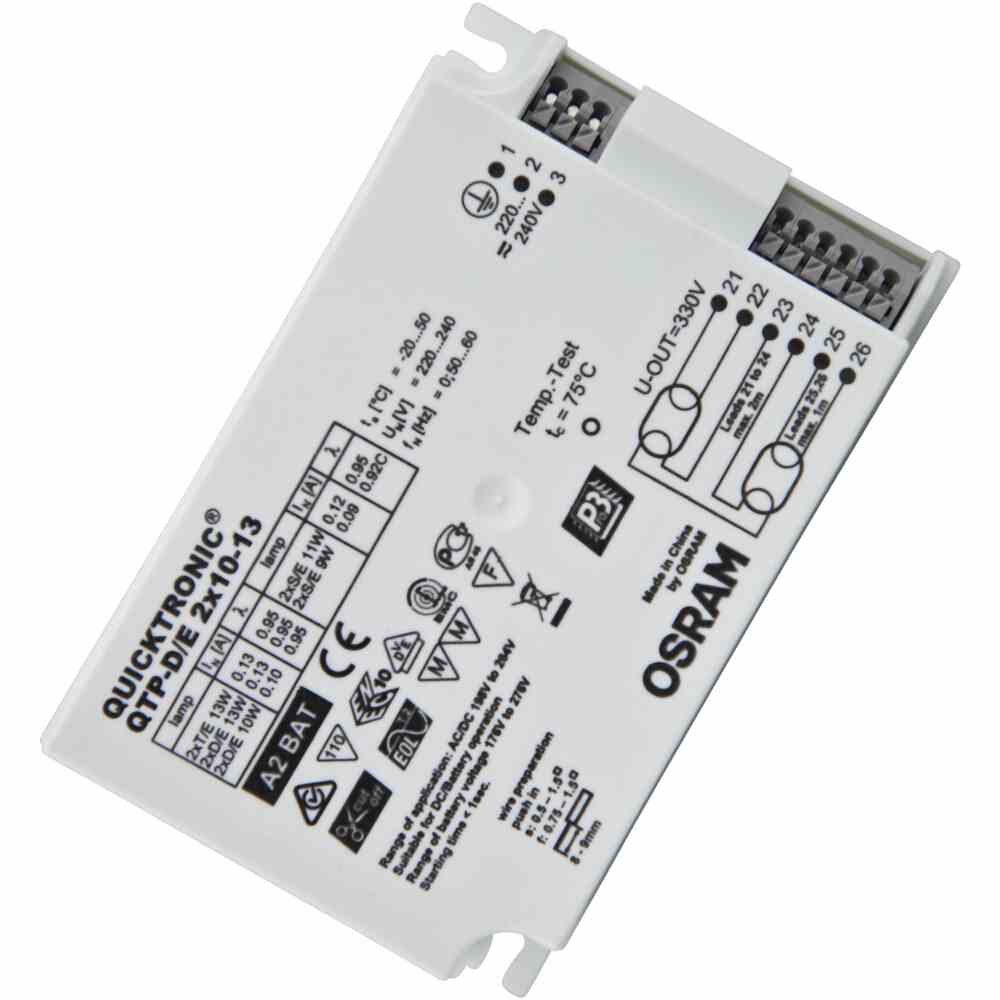 OSRAM QTP-D/E 2X10...13 Vorschaltgerät, 2x10-13W, elektronisch, TC-DEL, TC-TEL, Multiwatt-Ausführung, ohne Dimmung, 123x79mm