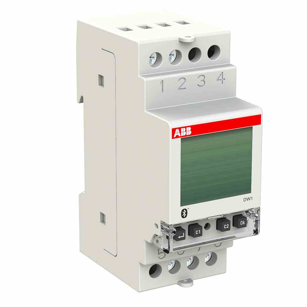 ABB Schaltuhr digi, 110-230VAC, 1kan, DIN-Schiene, 24h Programm, Wochenprogramm, Potenzialfreier Schaltkontakt, 2TE – DW1