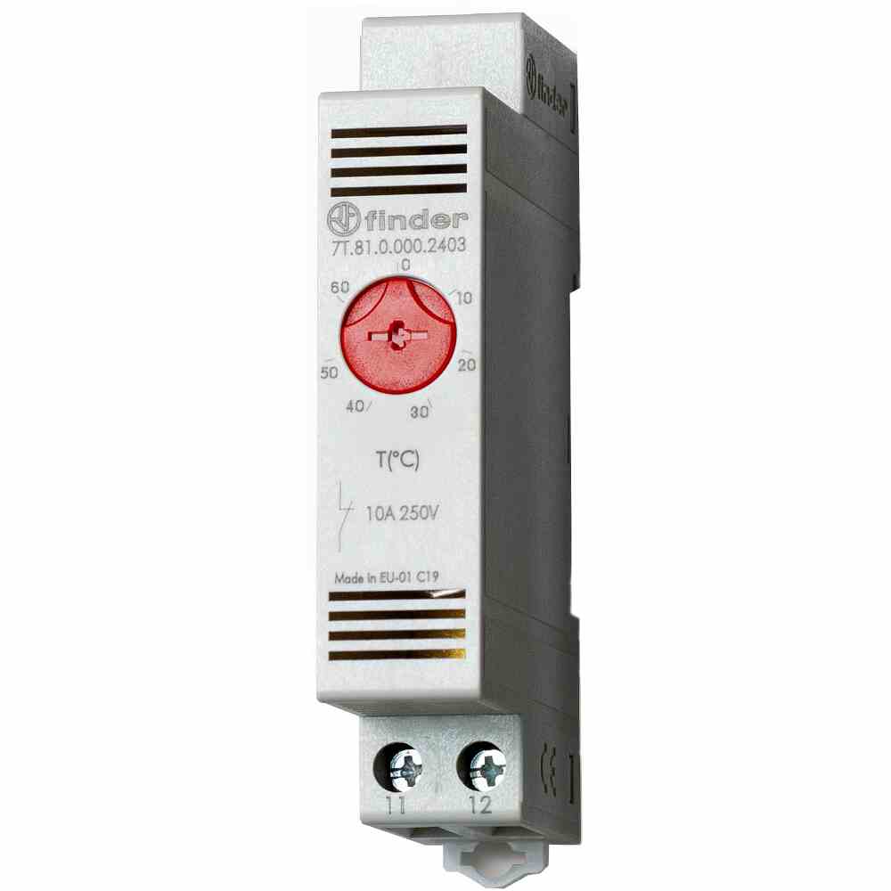 FINDER REG Thermostat für Schaltschrank, 17,5 mm breit, 1 Öffner 10 A , einstellbar von 0 bis + 60° C – 7T8100002403