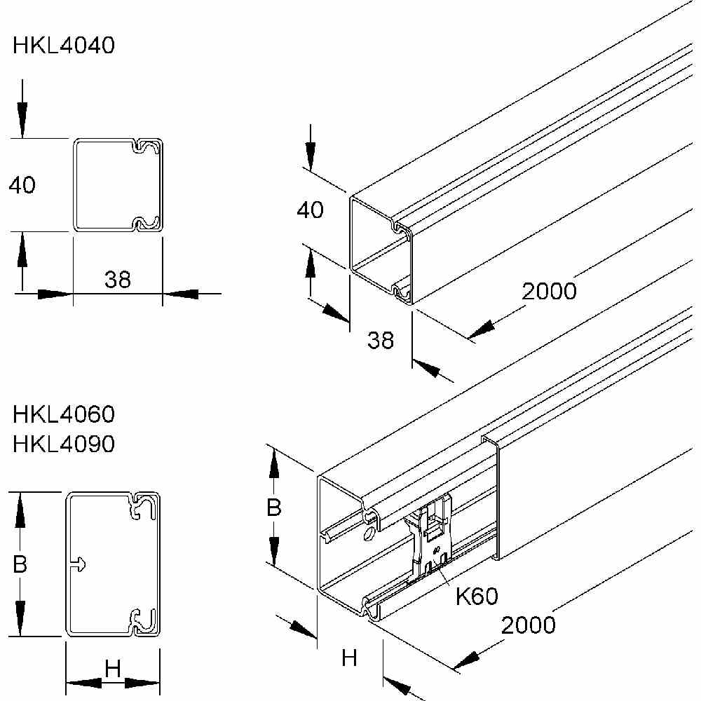 HKL HKL-Elektroinstallationskanal, mit Bodenlochung, 38x40x2000 mm, Kunststoff PVC-hart, RAL8014, sepiabraun