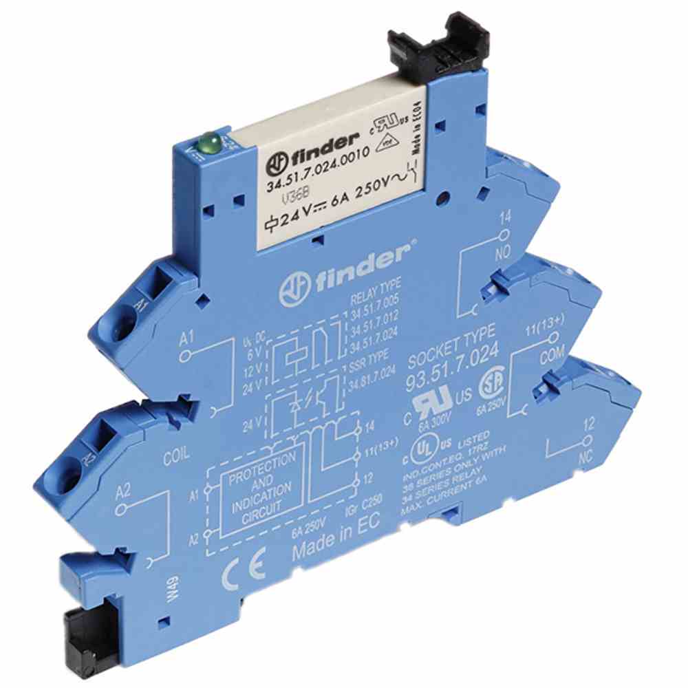 FINDER Koppelrelais mit Zugfederklemmen, 1 Wechsler 6 A, Spule 24 V DC – 386170240050