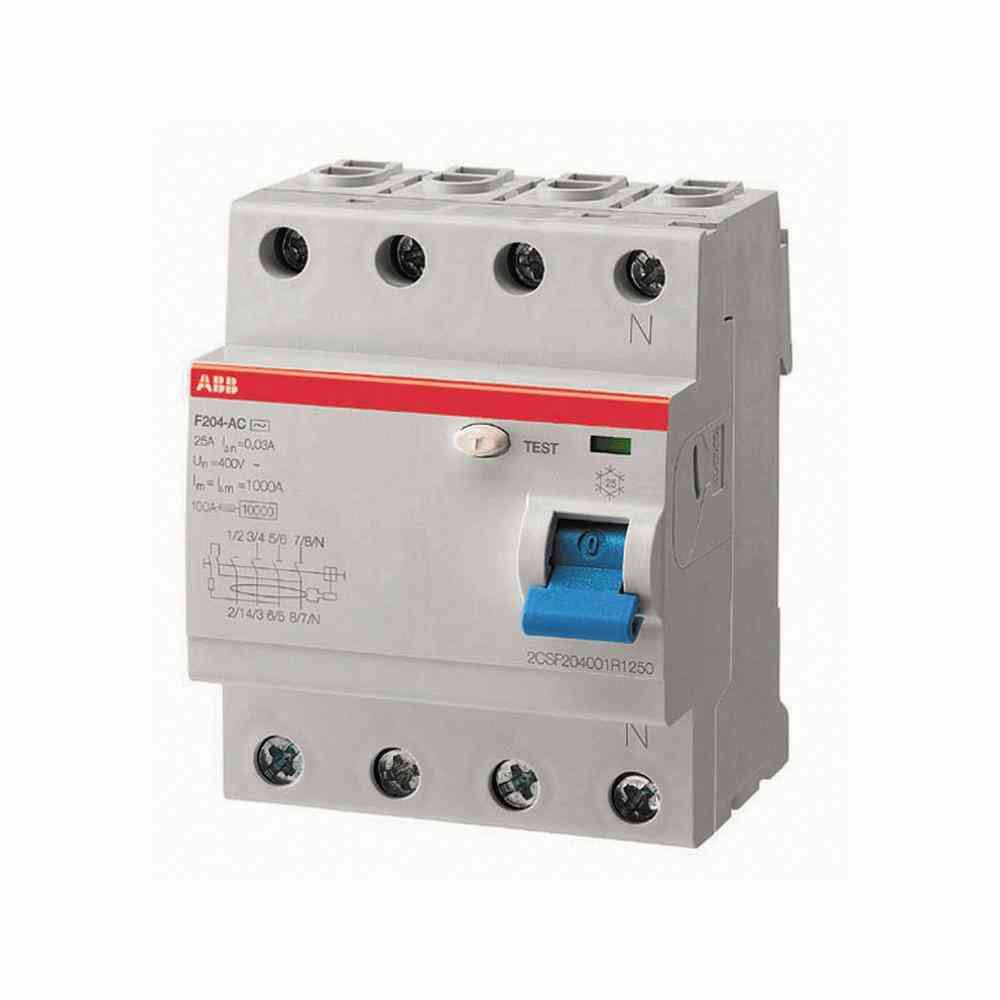 ABB FI-Schutzschalter, A, 4p, 400V, 63A, 0,5A, 4TE, DIN-Schiene(REG), 10kA, 0,25kA/stoß – F204A-63/0,5