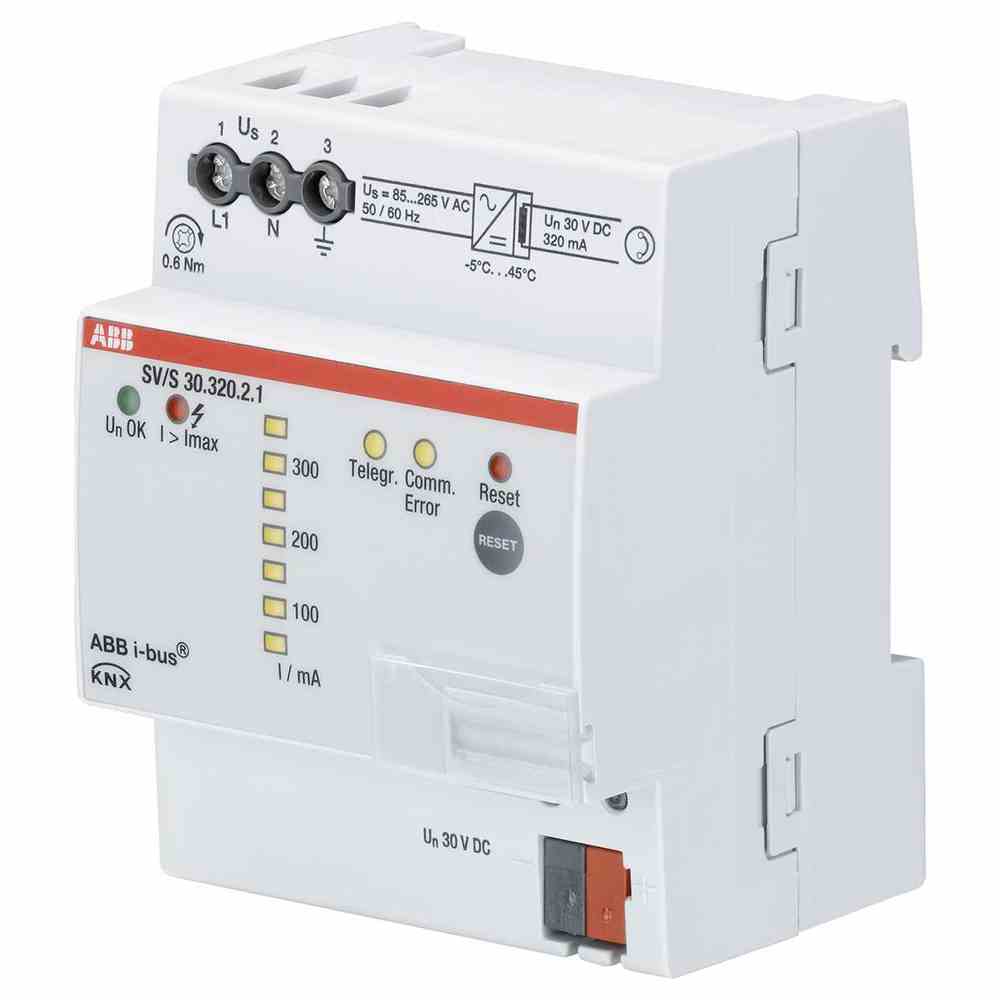 ABB Spannungsversorgung mit integrierter Drossel und Busankoppler für Diagnosefunktion über KNX oder ABB i-bus® Tool. LED Anzeige: Busstrom, Status, Überlast, Telegramm, Kommunikation. – SV/S30.320.2.1