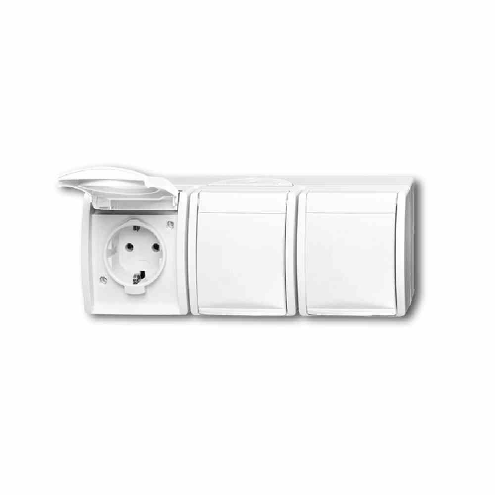 BUSCH-JAEGER ocean Steckdose, 3f, alpinweiß, matt, Aufputz, horizontal, mit Klappdeckel, IP44, Komplettgehäuse – 2300/3 EW-54