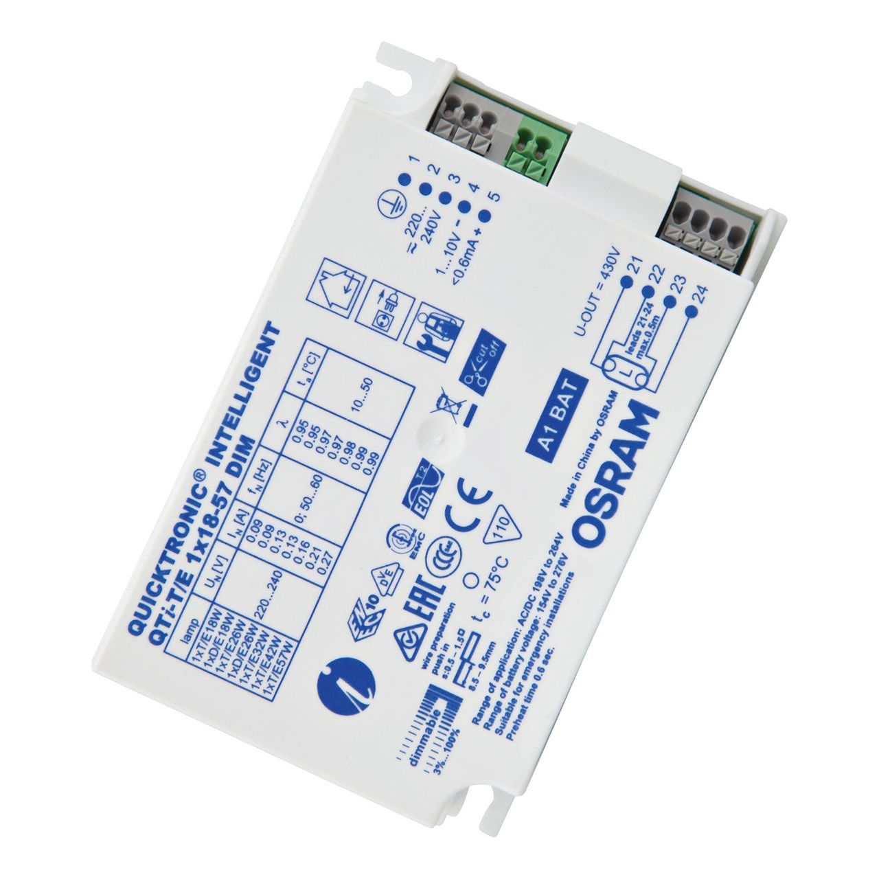 OSRAM QTi DIM CFL 1X18...57 DIM Vorschaltgerät, 18-57W, elektronisch, TC-DEL, TC-TEL, Multiwatt-Ausführung, 1-10V, 123x79mm – QTI-T/E 1X18-57/220-240 DIM UNV1