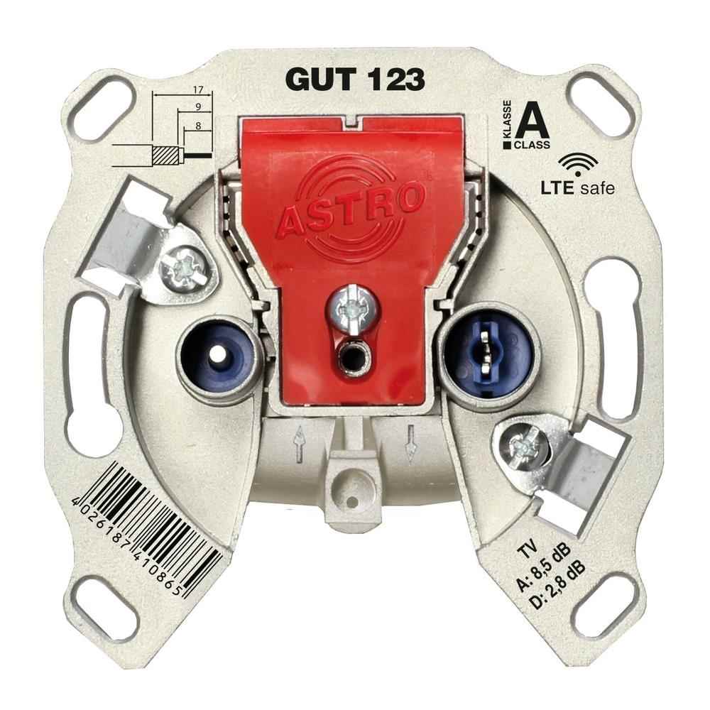 ASTRO GUT 123 BK-Stammleitungs-Anschlussdose, 5-862 MHz, TV-Anschlussdämpfung ca. 8,5 dB, Durchgangsdämpfung ca. 3 dB, BK-Durchgangsdose, Schraub- und Krallenbefestigung