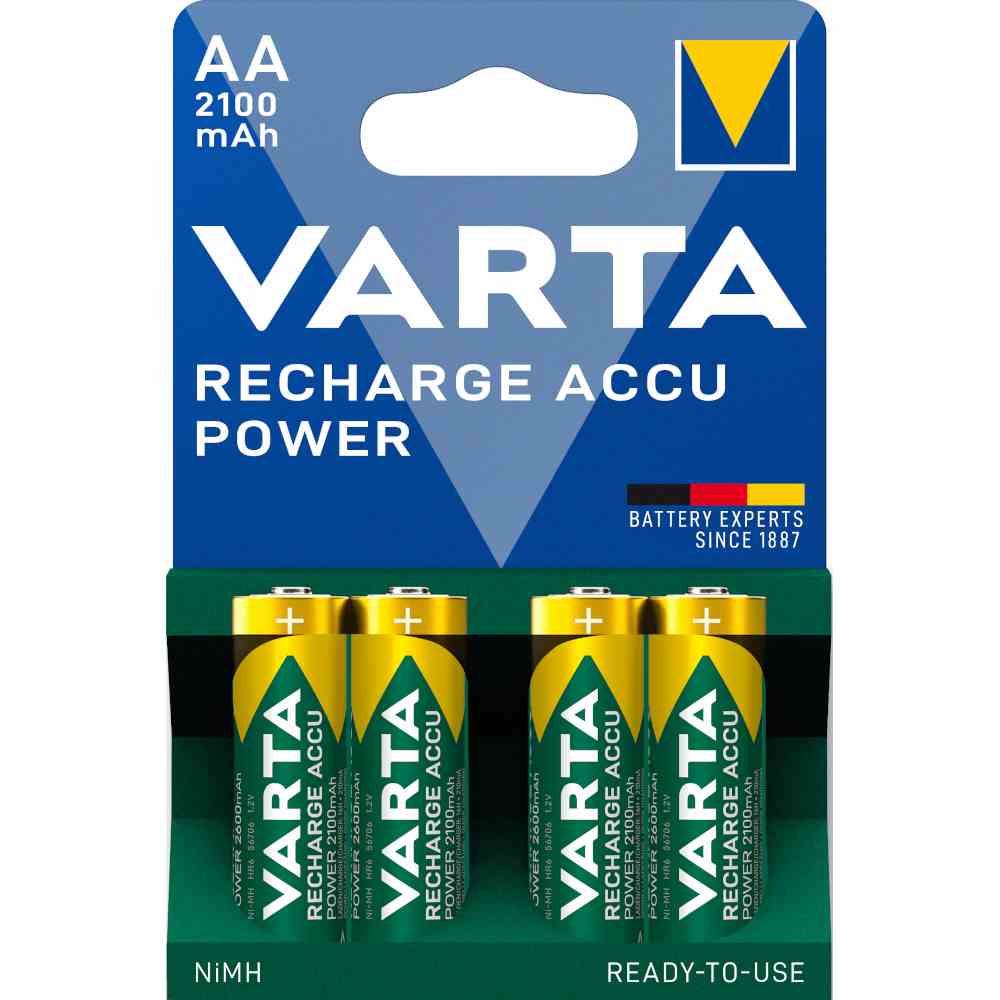 VARTA Akku, Mignon, 1,2V, AA, Nickel-Metall-Hydrid, 2100mAh, R 6, Ø14,5mm 4er Pack