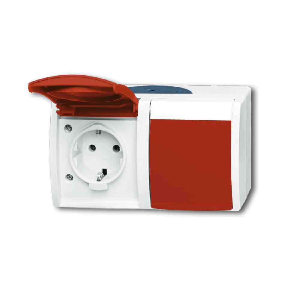 BUSCH-JAEGER ocean Steckdose, 2f, grau/rot, matt, Aufputz, horizontal, mit Klappdeckel, IP44, Textfeld/Beschriftungsfläche, Komplettgehäuse – 20/2 EW/DVN-53