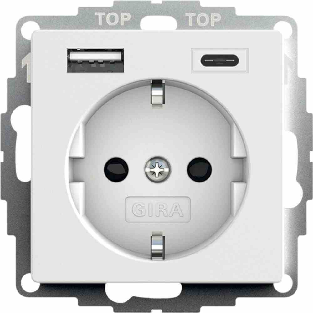 GIRA Steckdose, 1f, reinweiß, matt, mit eingebauter USB-Spannungsversorgung, Unterputz, mit erhöhtem Berührungsschutz, horizontal, IP20 – 245927