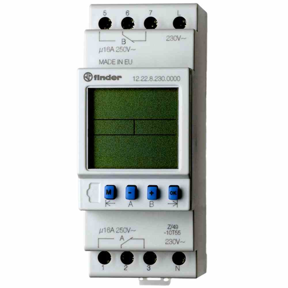 FINDER REG Schaltuhr, 2 Wechsler 16 A, für 230 V AC elektronisch, Wochenprogramm – 122282300000