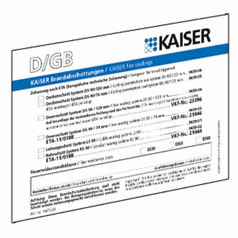 KAISER Brandschutz Schott-Kennzeichnungsschild, Sprachen D / GB / FR / I, aus Kunststoff, mit 2 x 4,5 mm Bohrungen – 9473-91