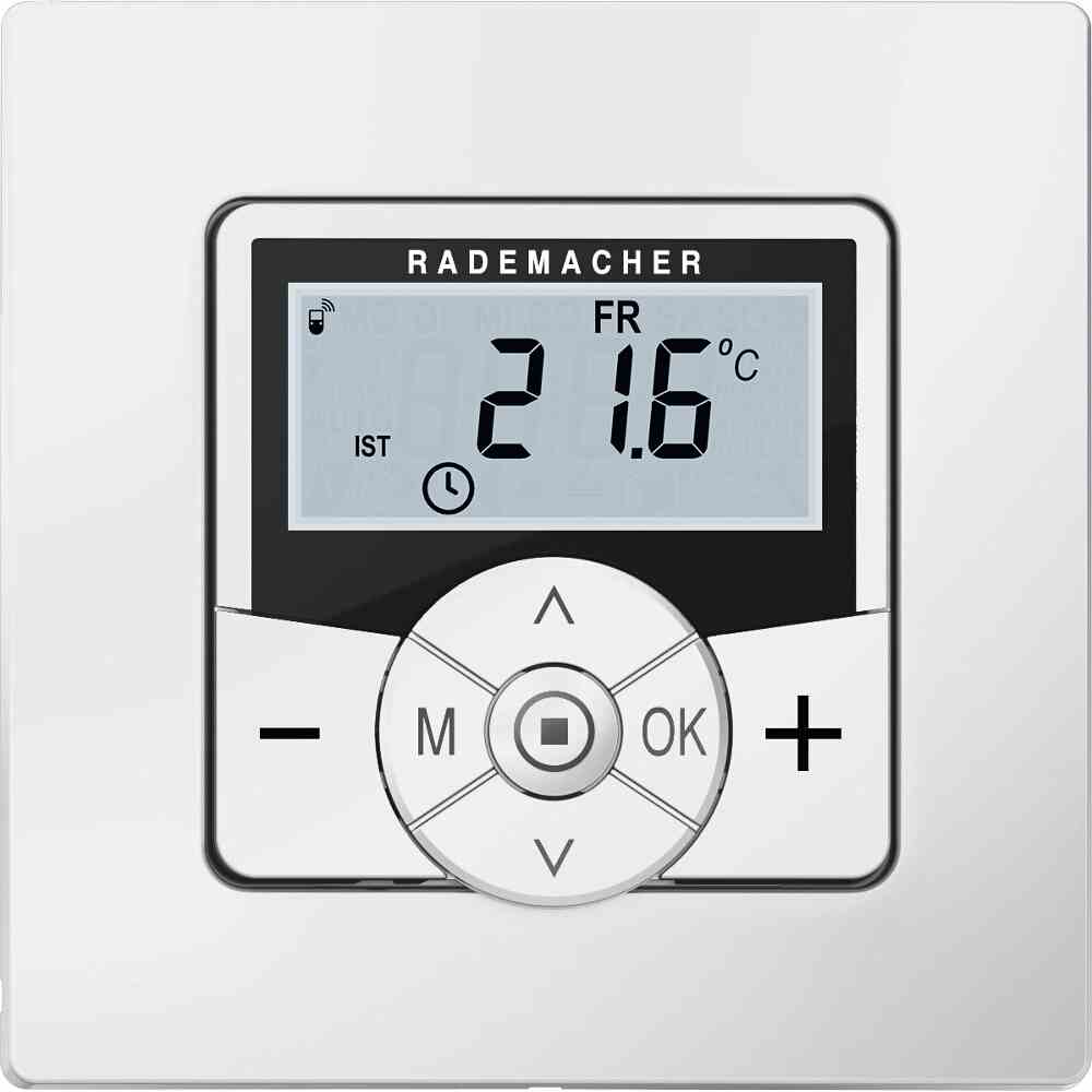 RADEMACHER Funk-Temperaturregler, weiß, Unterputz, IP31, 230V, Ein-/Ausschalter, mit Temperaturabsenkung, 0-40°C, 10A, 0,1K – 9485-1