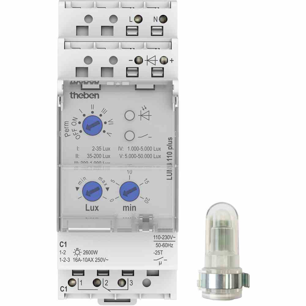 THEBEN Dämmerungsschalter, REG, 1W, 1200s/ein, 1200s/aus, Lichtsensor separat, IP20 – LUNA 110 plus AL