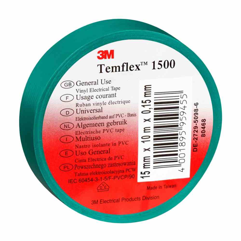 3M Temflex Isolierband, PVC, 19mm, 25m, grün, UV-beständig, 90°C, 0,15mm, selbstverlöschend – Temflex150019x25gn