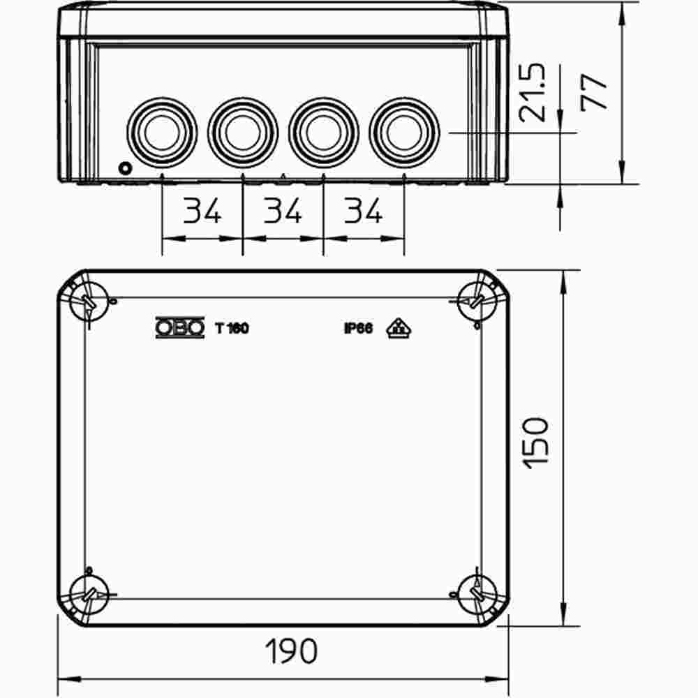 OBO BETTERMANN Abzweigkasten, IP66, 16mm², 190x150x77mm, lichtgrau, ohne Bestückung, Kunststoff, Wand-/Deckenmontage, halogenfrei – T 160